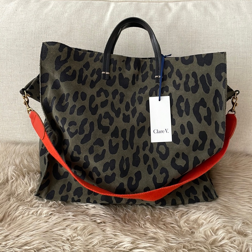 NWT Clare V Simple Tote in Suede army green leopard print - RARE COLOR